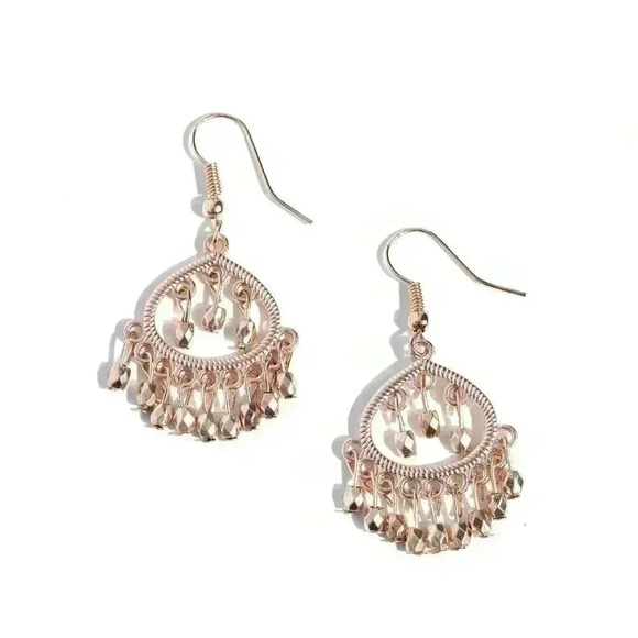 Bella Boho Jewelry - Women's Rose Gold teardrop frame encompasses a flirty fringe Earrings